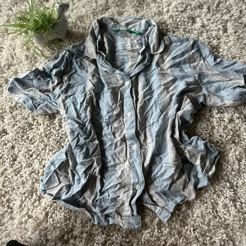 Dip multi blue shade button down short sleeve simple casual top.